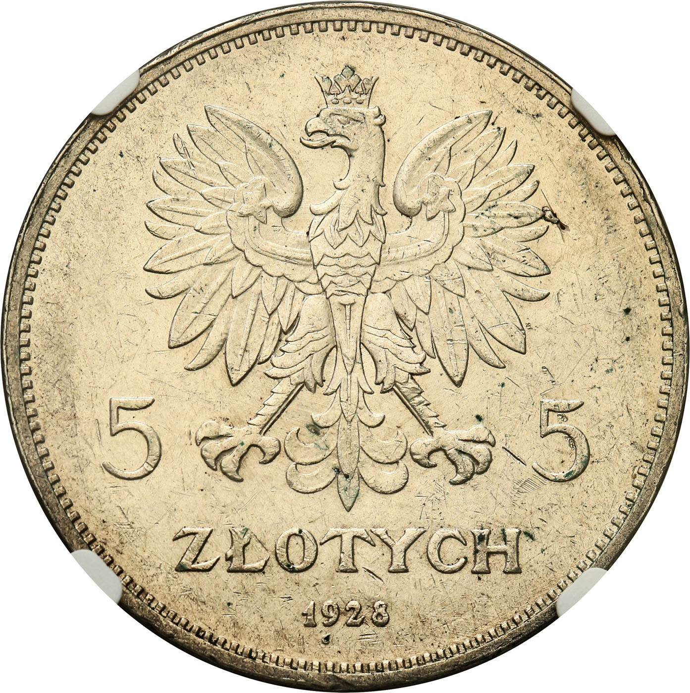 II RP. 5 złotych 1928 Nike bez znaku NGC AU58 - PIĘKNA